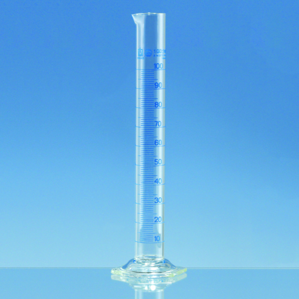 Measuring cylinders, borosilicate glass 3.3, tall form, class A, blue graduated