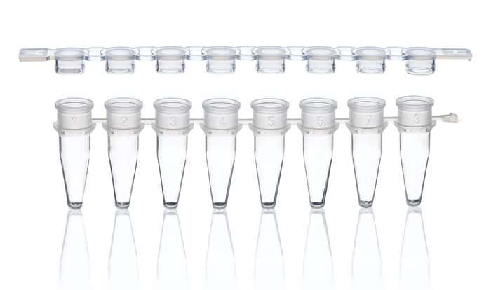 PCR tubes strips of 8, PP, with detached cap strips