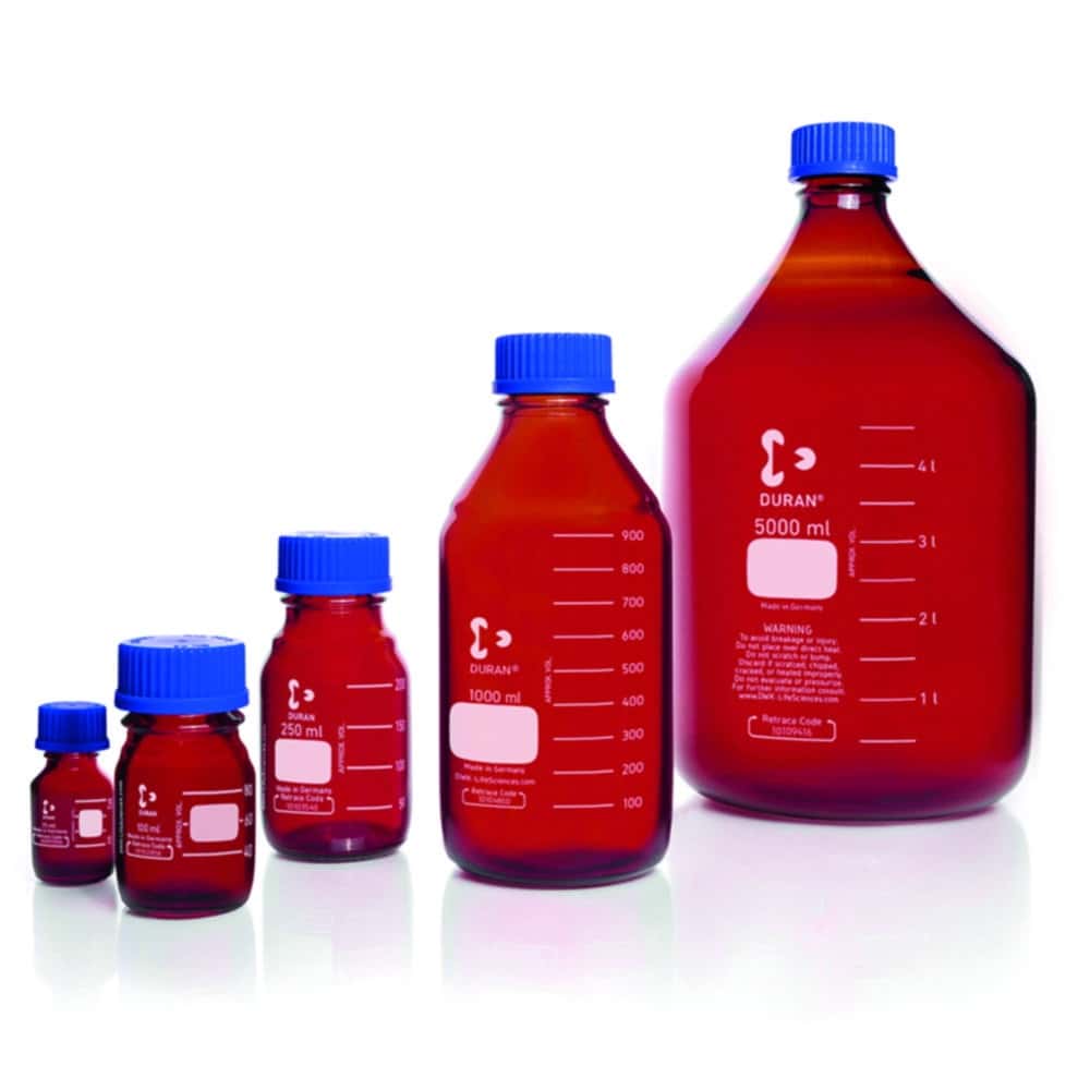 Laboratory bottle, DURAN® amber, with screw cap and pouring ring made of PP