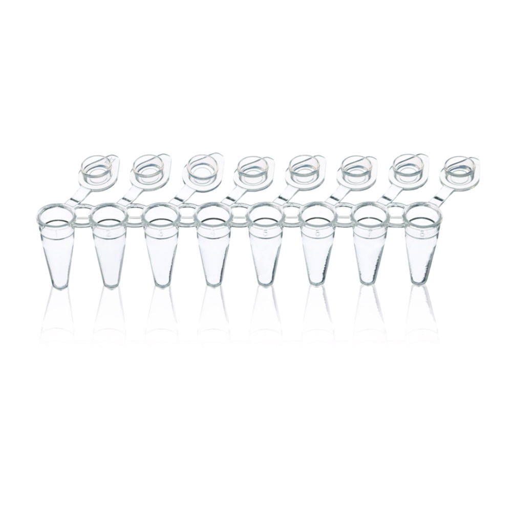 PCR-Gefäße, 8er Strips, PP, mit anhängenden Einzeldeckeln, 3 Stege