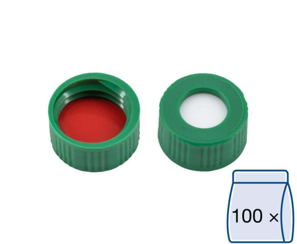 Schraubkappe, N9PP,grün,Loch Silikon weiß/PTFE rot Härte: 45° shore A Septendicke: 1,0 mm, VE=100