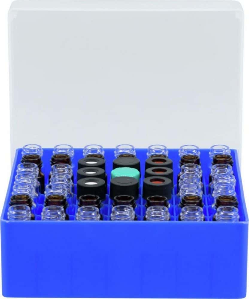 Container blue, 49 position,with firmly integr devider for screw neck vials N 13, outer length: 130 mm, outer width: 130 mm, outer height: 50 mm,