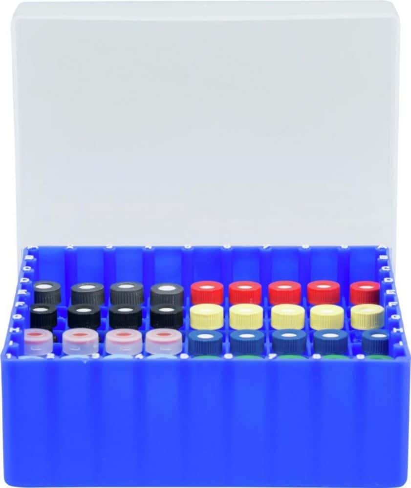 Container blue, 81 position,with removeable devider for screw neck vials, outer length: 130 mm, outer width: 130 mm, outer height: 45 mm,