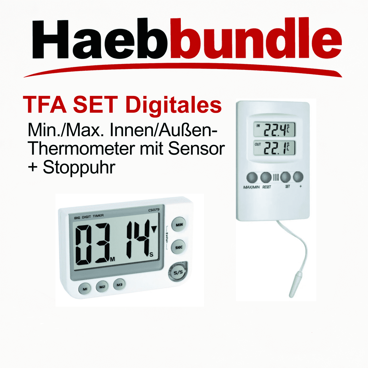 TFA SET Digitales Min./Max.-Innen/Außen-Thermometer mit Sensor + Stoppuhr