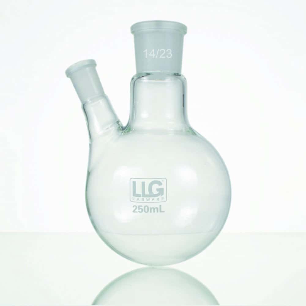 LLG-Two-neck round bottom flasks with standard ground joint, borosilicate glass 3.3, angled side neck