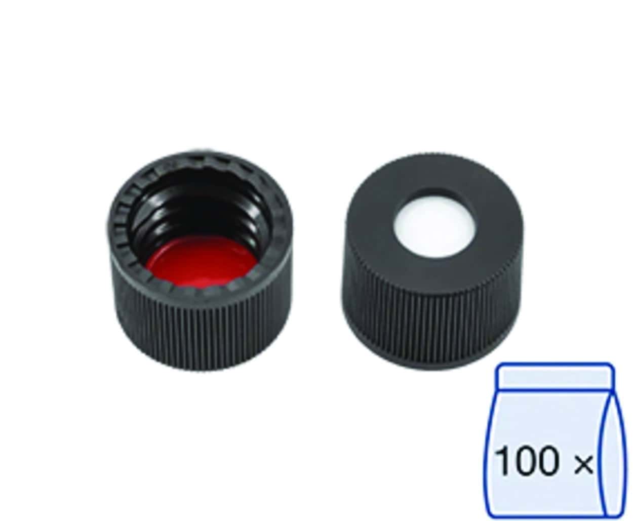 N 8 PP screw cap, black, center hole Silicone white/PTFE red Hardness: 45° shore A Thickness: 1.3 mm pack of 100