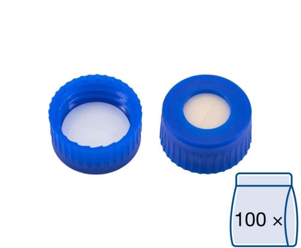 Schraubkappen N 9, blau PP, Loch Silikon beige/PTFE weiß, geschlitzt, Härte: 45° shore A, VE=100