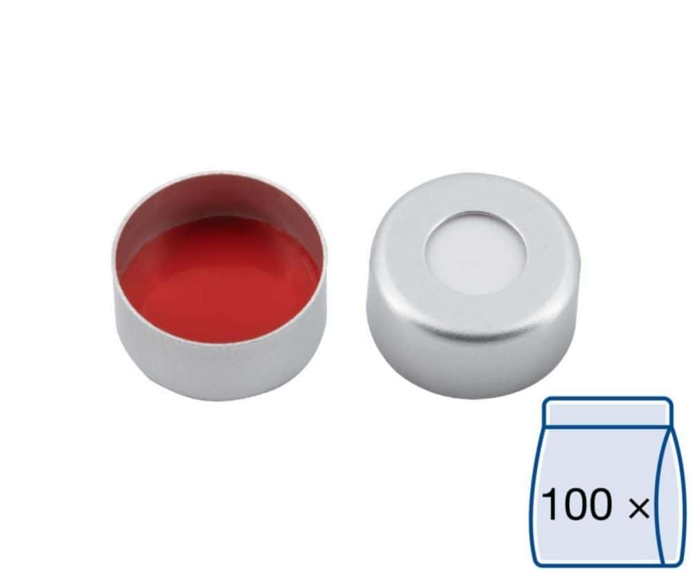 Aluminium Crimp Caps N 11 silver, center hole Silicone white/PTFE red, Hardness: 45° shore A, pack of 100