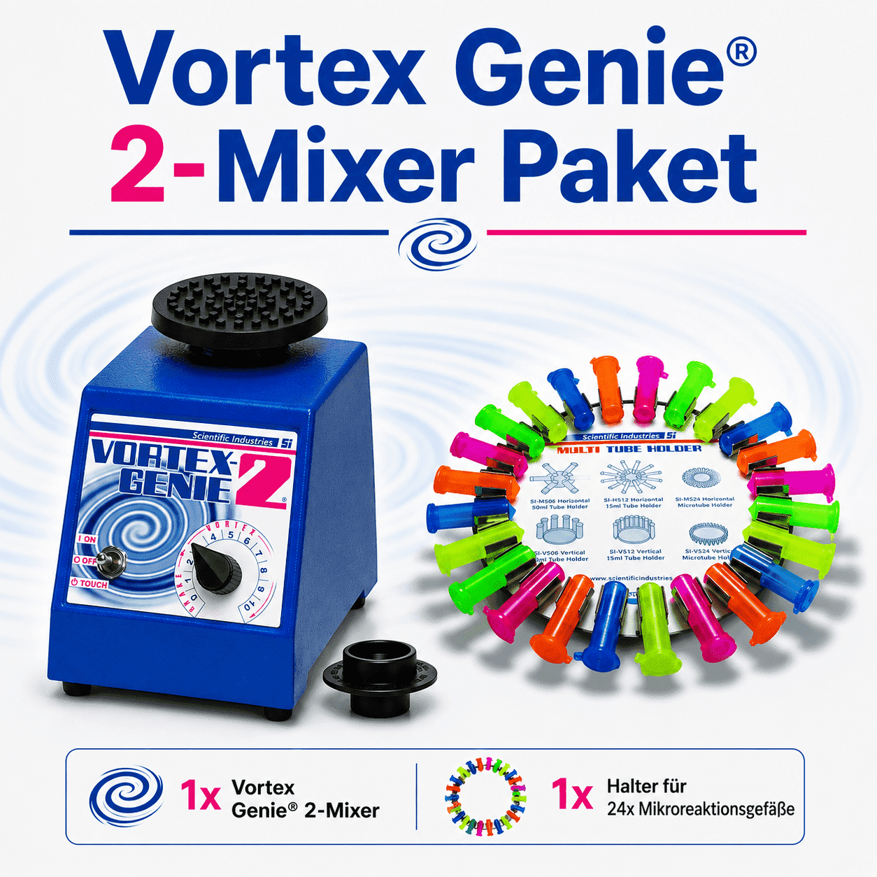 Vortex Genie® 2-Mixer Paket 230 V, 50 Hz, inkl. Aufsatz Typ SI-H524 für 24 Mikroröhrchen