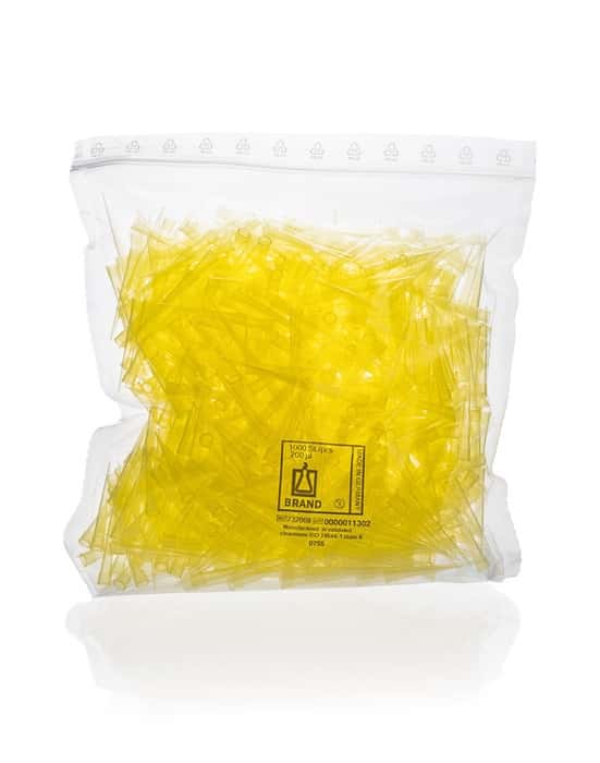 Pipette tips, bulk, in reclosable bags, non-sterile