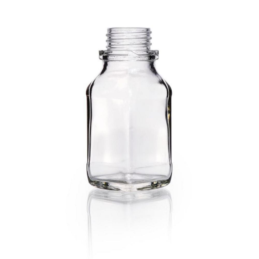 Square, screw cap bottles, soda-lime glass