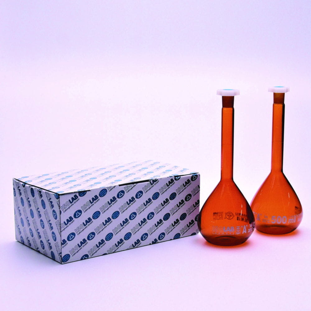 Volumetric flasks, borosilicate glass 3.3, class A, with PE stoppers, coated, amber