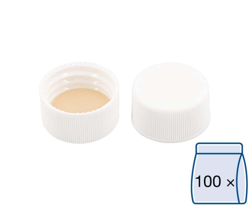 Schraubkappen N 24, weiß PP, Silikon weiß/PTFE beige, Härte: 45° shore A, VE=100