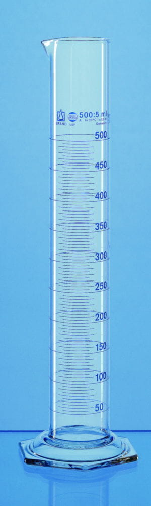 Measuring cylinders USP, borosilicate glass 3.3, tall form, class A, blue graduated