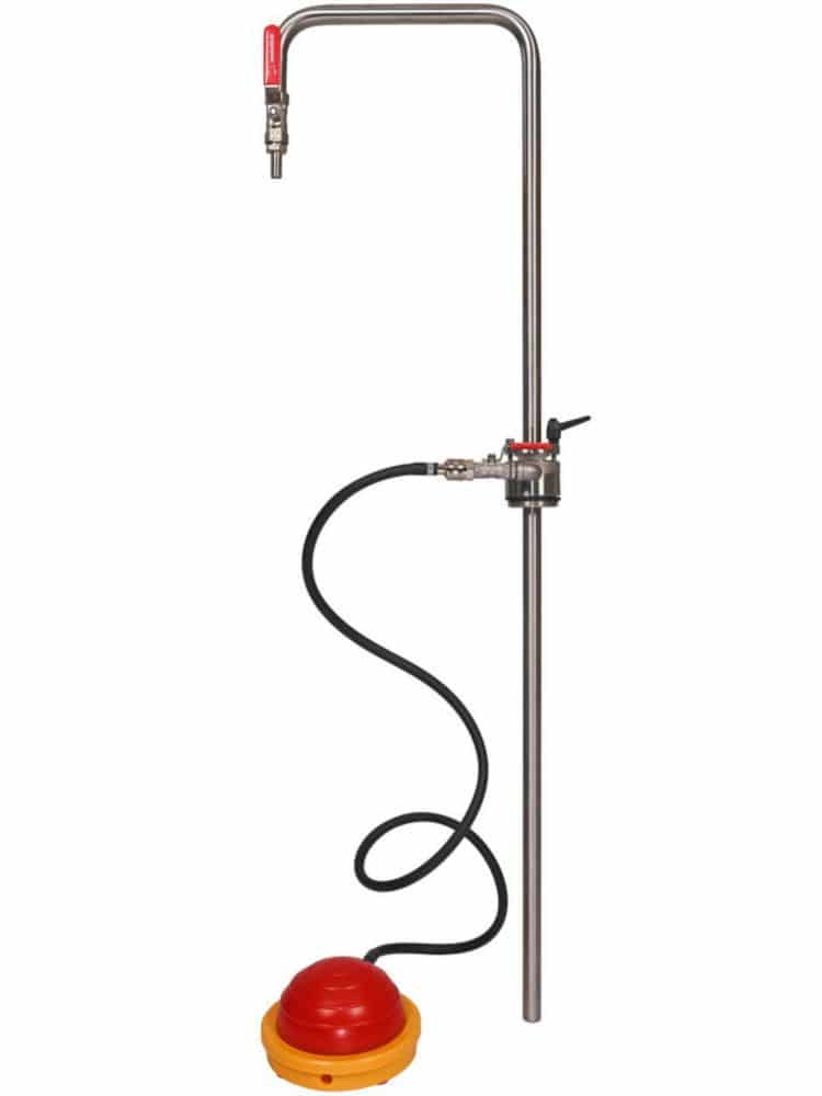 Solvent pump foot operated, with rigid angled tube