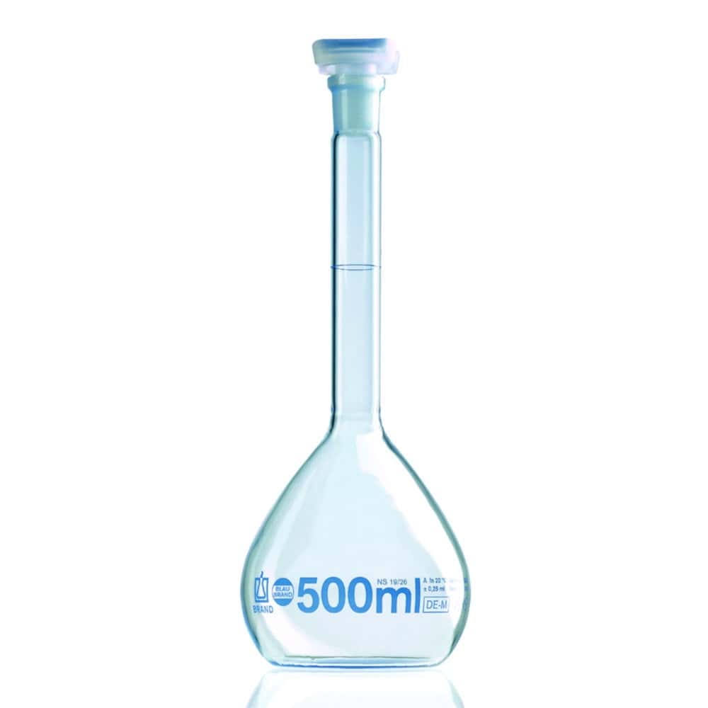 Volumetric flasks, boro 3.3, class A, blue graduations