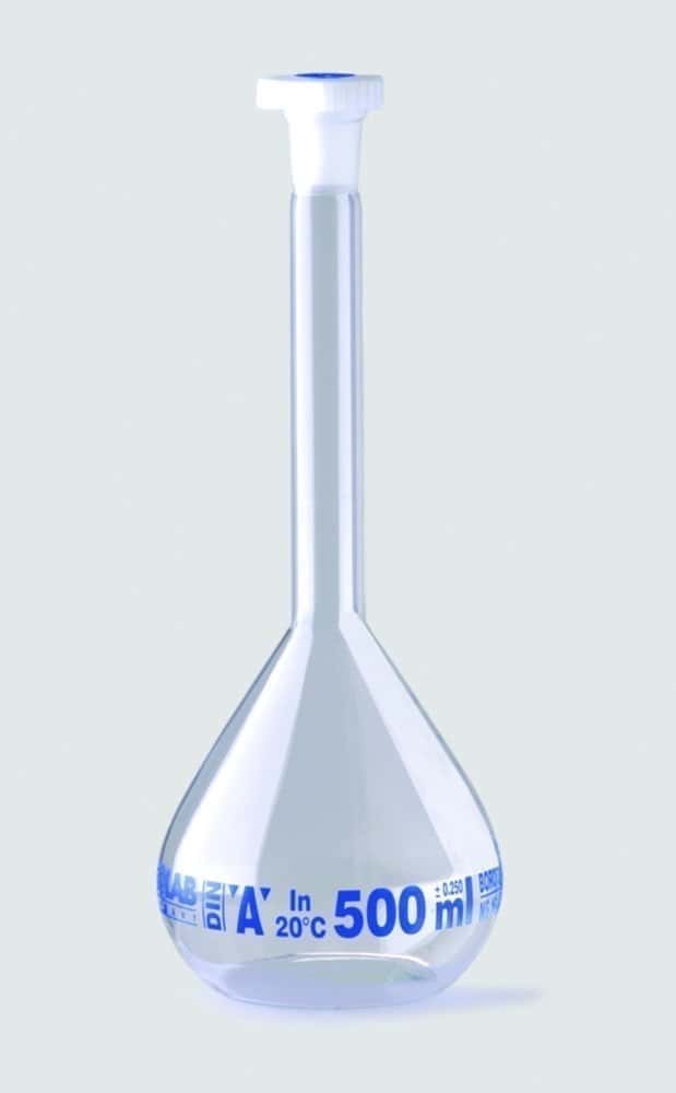 Volumetric flasks, borosilicate glass 3.3, class A, blue graduated, with PE stoppers
