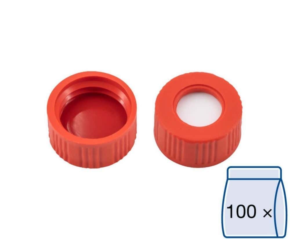 Schraubkappen N 9, rot PP Loch Silikon weiß/PTFE rot, Härte: 45° shore A, Septendicke: 1,0 mm, VE=100