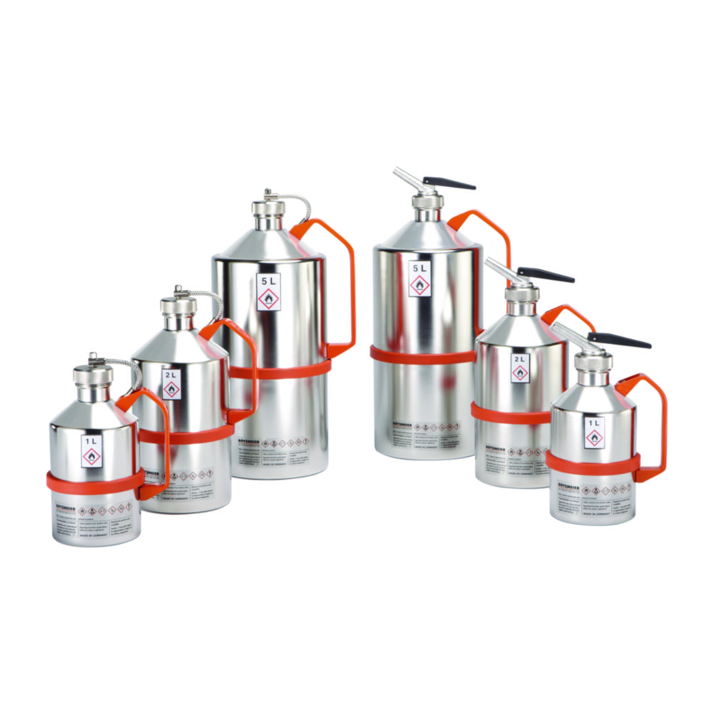 Safety cans for solvents, with self-closing, metering device 1¼", polished