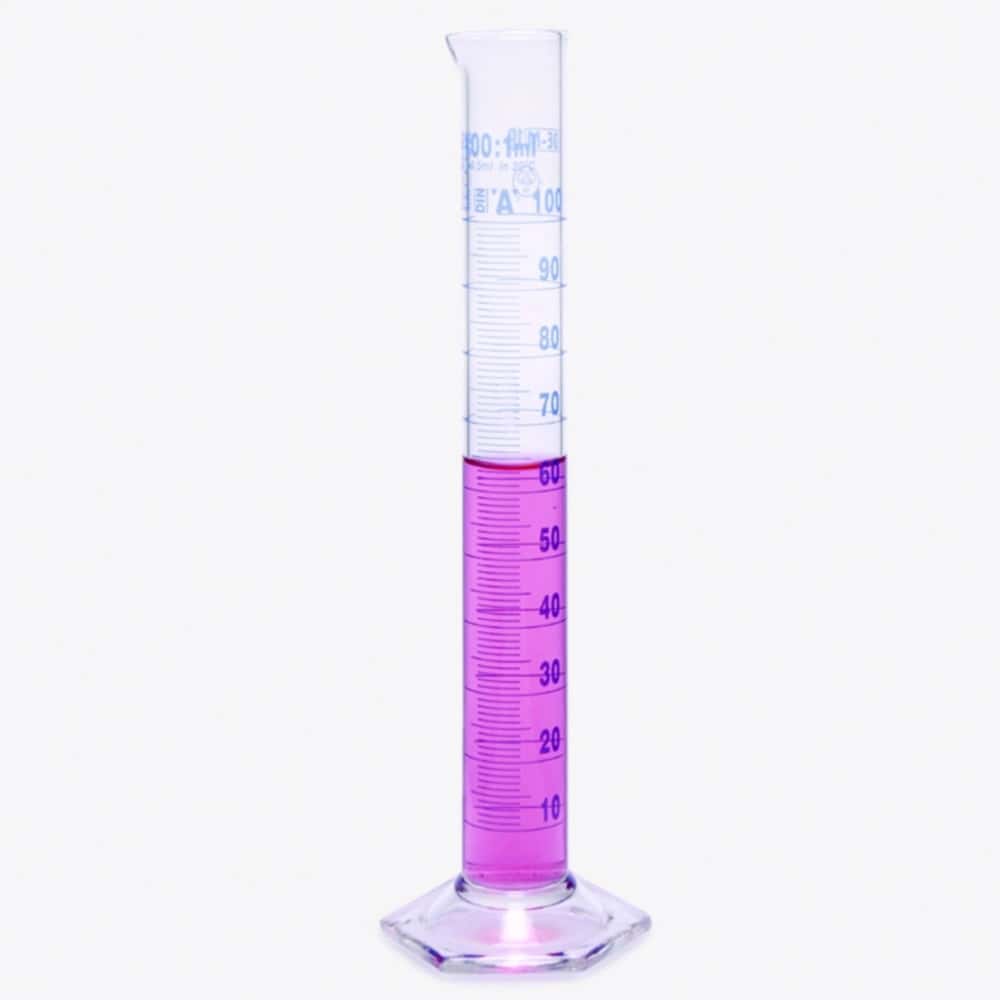 Measuring cylinders, borosilicate glass 3.3, tall form, class A, blue graduated