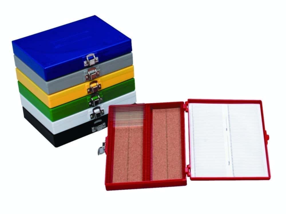 Boîte de stockage à code couleur, pour lames de microscope
