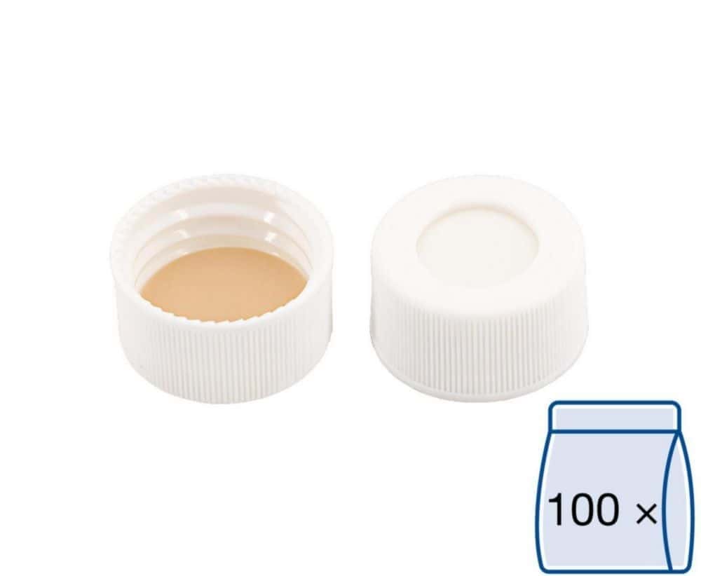 Schraubkappen N 24, weiß PP, Loch Silikon weiß/PTFE beige, Härte: 45° shore A, VE=100