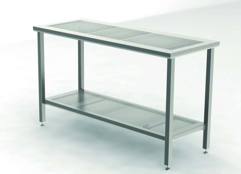 Tables pour salle blanche avec plateau de travail perforé et étagère perforée