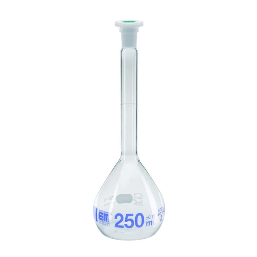 Volumetric flasks, DURAN®, class A, blue graduation, with PE stoppers