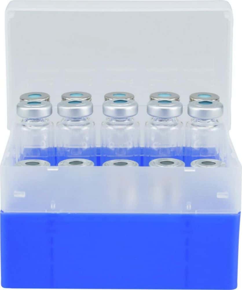 Container blue, 25 position, with removeable devider for crimp neck vials N 20, outer length: 130 mm, outer width: 130 mm, outer height: 80 mm,